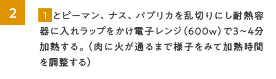 2.1とピーマン、ナス、パプリカを乱切りにし耐熱容器に入れラップをかけ電子レンジ（600w）で3～4分加熱する。（肉に火が通るまで様子をみて加熱時間を調整する）