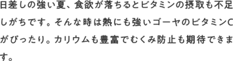 日差しの強い夏、食欲が落ちるとビタミンの摂取も不足しがちです。そんな時は熱にも強いゴーヤのビタミンCがぴったり。カリウムも豊富でむくみ防止も期待できます。